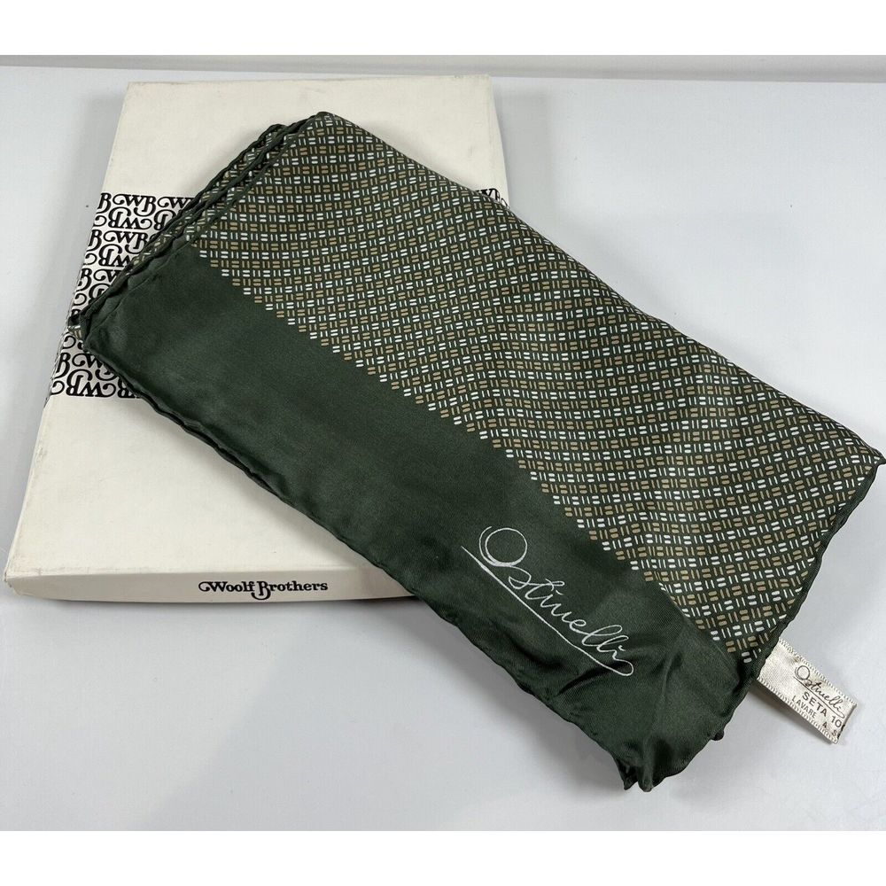 Vintage Ostinelli Silk Scarf Green Geometric‎ Pattern Orig Woolf Brothers Box